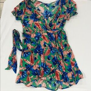 Zara Green Floral Mini Dress with Blue and Pink Accents